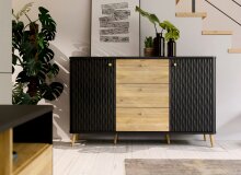 Sideboard >FIXSMILE< 3 Schübe, Mauvella Eiche Dekor / Schwarz - 138x84,6x41,5cm (BxHxT)