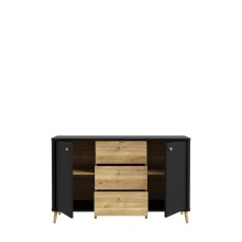 Sideboard >FIXSMILE< 3 Schübe, Mauvella Eiche Dekor / Schwarz - 138x84,6x41,5cm (BxHxT)
