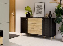 Sideboard >FIXSMILE< 3 Schübe, Mauvella Eiche Dekor / Schwarz - 158x84,6x41,5cm (BxHxT)