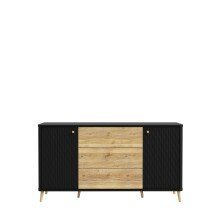 Sideboard >FIXSMILE< 3 Schübe, Mauvella Eiche Dekor / Schwarz - 158x84,6x41,5cm (BxHxT)