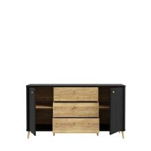 Sideboard >FIXSMILE< 3 Schübe, Mauvella Eiche Dekor / Schwarz - 158x84,6x41,5cm (BxHxT)
