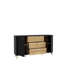 Sideboard >FIXSMILE< 3 Schübe, Mauvella Eiche Dekor / Schwarz - 158x84,6x41,5cm (BxHxT)