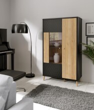 Stauraumvitrine >FIXSMILE< 2 Türen, Mauvella Eiche Dekor / Schwarz - 93,3x158,2x41,5cm (BxHxT)
