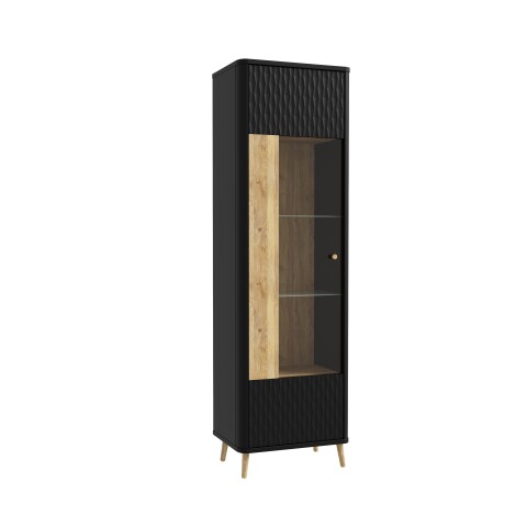 Stauraumvitrine >FIXSMILE< 1 Tür, Mauvella Eiche Dekor / Schwarz - 58,6x196,6x41,5cm (BxHxT)