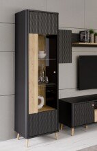 Stauraumvitrine >FIXSMILE< 1 Tür, Mauvella Eiche Dekor / Schwarz - 58,6x196,6x41,5cm (BxHxT)