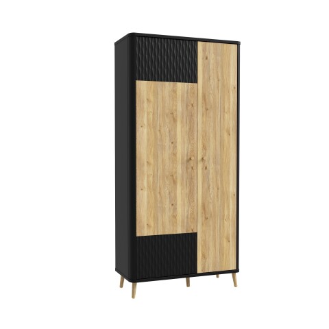 Garderobenschrank >FIXSMILE< 2 Türen, Mauvella Eiche Dekor / Schwarz - 93,3x196,6x41,5cm (BxHxT)