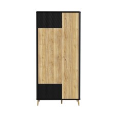 Garderobenschrank >FIXSMILE< 2 Türen, Mauvella Eiche Dekor / Schwarz - 93,3x196,6x41,5cm (BxHxT)