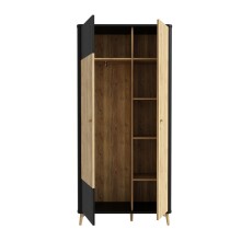 Garderobenschrank >FIXSMILE< 2 Türen, Mauvella Eiche Dekor / Schwarz - 93,3x196,6x41,5cm (BxHxT)