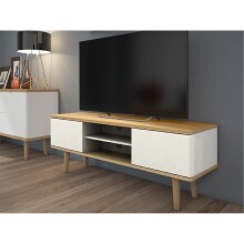 Lowboard >Sundsvall< 140x52 cm in Eiche-Optik mit weißen Türen und Holzfüßen