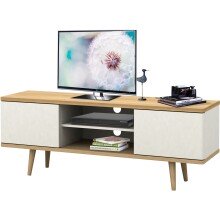 Lowboard >Sundsvall< 140x52 cm in Eiche-Optik mit weißen Türen und Holzfüßen