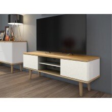 Lowboard >Sundsvall< 140x52 cm in Eiche-Optik mit weißen Türen und Holzfüßen