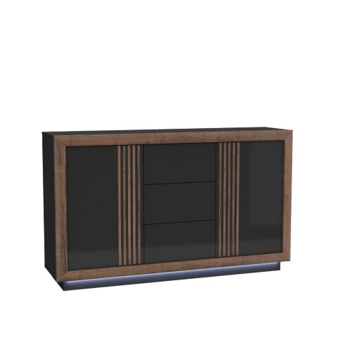 Sideboard >SAVONA< LED, Script-Schlameiche Dekor / Schwarz - 162,7x98,2x42,3cm (B/H/T)