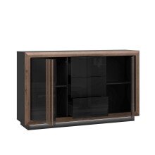 Sideboard >SAVONA< LED, Script-Schlameiche Dekor / Schwarz - 162,7x98,2x42,3cm (B/H/T)