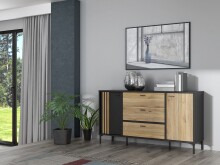 Sideboard >JOAKIMIS< Lamelle, Mauvella Eiche Dekor / Schwarz - 159,5x86,2x41,5cm (BxHxT)
