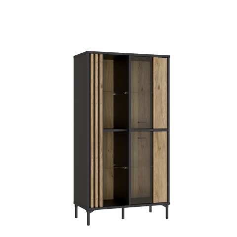 Glasvitrine >JOAKIMIS< Lamelle, Mauvella Eiche Dekor / Schwarz - 87x162,2x41,5cm (BxHxT)