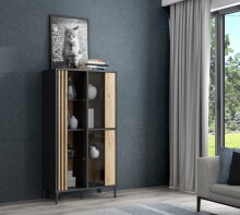 Glasvitrine >JOAKIMIS< Lamelle, Mauvella Eiche Dekor / Schwarz - 87x162,2x41,5cm (BxHxT)