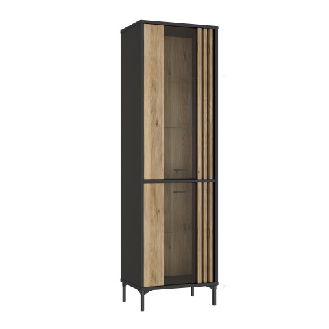 Glasvitrine >JOAKIMIS< Lamelle, Mauvella Eiche Dekor / Schwarz - 59x197,4x41,5cm (BxHxT)