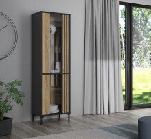 Glasvitrine >JOAKIMIS< Lamelle, Mauvella Eiche Dekor / Schwarz - 59x197,4x41,5cm (BxHxT)
