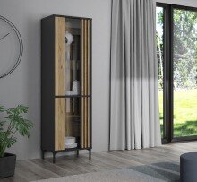 Glasvitrine >JOAKIMIS< Lamelle, Mauvella Eiche Dekor / Schwarz - 59x197,4x41,5cm (BxHxT)
