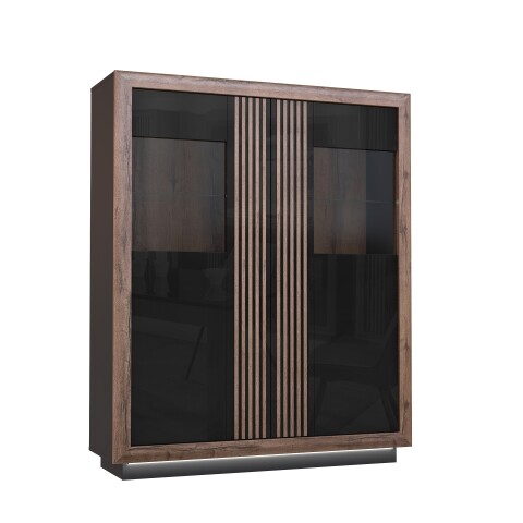 Highboard >SAVONA< LED, Script-Schlameiche Dekor / Schwarz Glanz - 133x161,8x42,3cm B/H/T