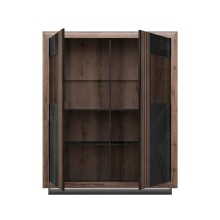 Highboard >SAVONA< LED, Script-Schlameiche Dekor / Schwarz Glanz - 133x161,8x42,3cm B/H/T