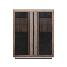 Highboard >SAVONA< LED, Script-Schlameiche Dekor / Schwarz Glanz - 133x161,8x42,3cm B/H/T