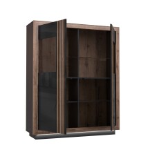 Highboard >SAVONA< LED, Script-Schlameiche Dekor / Schwarz Glanz - 133x161,8x42,3cm B/H/T