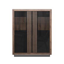 Highboard >SAVONA< LED, Script-Schlameiche Dekor / Schwarz Glanz - 133x161,8x42,3cm B/H/T