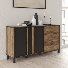 Sideboard >HAYATO< 3 Schübe, 2 Türen, Alpenfichte Dekor / Schwarz - 154,5x85,2x42cm BxHxT