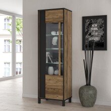 Vitrine >HAYATO< 5 Böden, 1 Tür, Alpenfichte Dekor / Schwarz - 59,8x194x42cm (BxHxT)