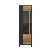 Vitrine >HAYATO< 5 Böden, 1 Tür, Alpenfichte Dekor / Schwarz - 59,8x194x42cm (BxHxT)