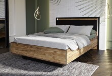 Stauraumbett >HAYATO<  mit Reost, LED, Alpenfichte Dekor/Schwarz  - 152,6x104,3x207,3cm BxHxT