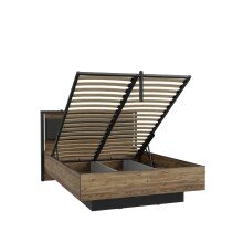Stauraumbett >HAYATO<  mit Reost, LED, Alpenfichte Dekor/Schwarz  - 152,6x104,3x207,3cm BxHxT