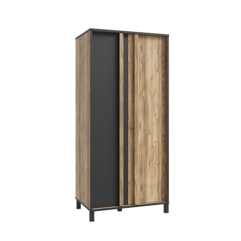 Kleiderschrank >HAYATO< 2 Türen, 1 Stange, Alpenfichte Dekor / Schwarz - 89,5x194x58cm (BxHxT)