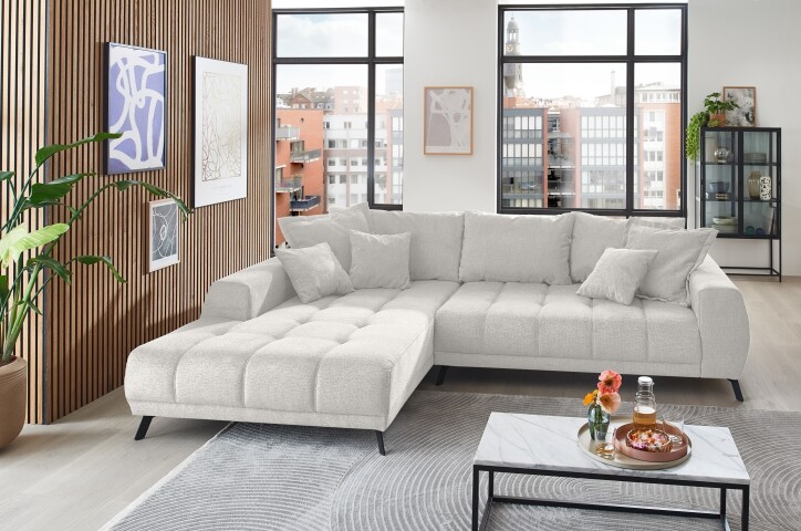 Polsterecke >Aldous< 8 Kissen, Waffelsteppung, beschichtet, creme - 300x108x123cm (BxHx