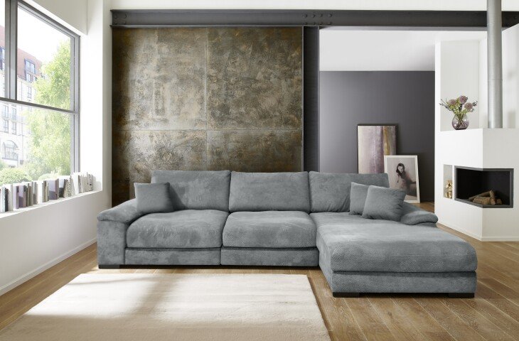 Polsterecke >Adriena< 6 Kissen, Daune, weicher Bezug in Dunkelgrau - 323x90x177cm (BxHxT)