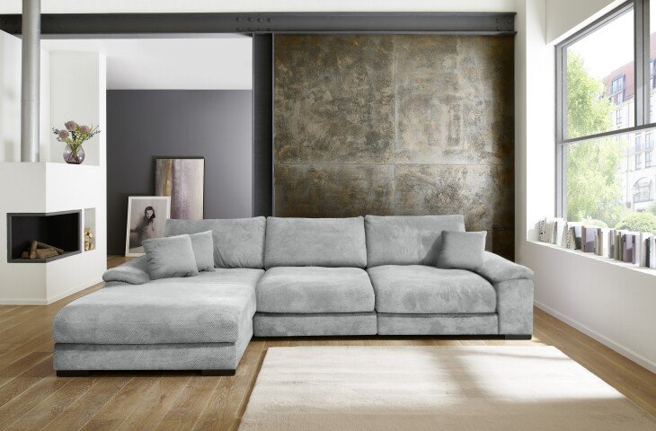 Wohnlandschaft >Adriena< 6 Kissen, Daune, weicher Stoff in Graublau - 323x90x177 (BxHxT)