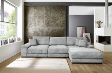 Wohnlandschaft >Adriena< 6 Kissen, Daune, weicher Stoff in Graublau - 323x90x177cm (BxHxT)