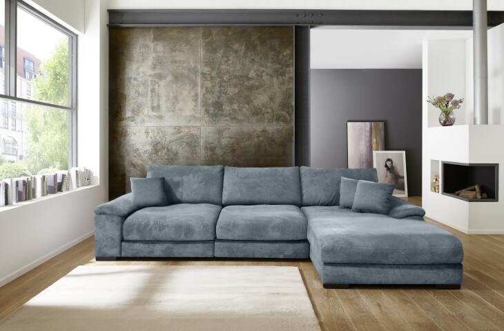 Wohnlandschaft >Adriena< 6 Kissen, Daune, weicher Stoff in Grau - 323x90x177cm (BxHxT)