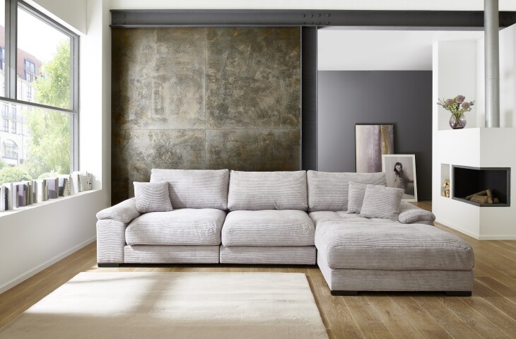 Wohnlandschaft >Adriena< 6 Kissen, Daune, weicher Cord Stoff silbergrau - 323x90x177cm (BxHxT)