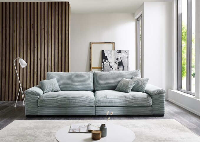 Big-Sofa >Adriena< 5 Kissen, Daune, weicher Cord Stoff in mint - 288x90x106cm (BxHxT)