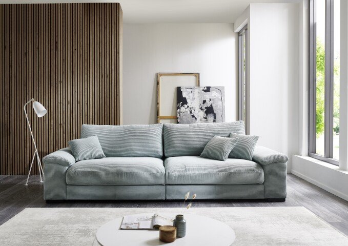 Big-Sofa >Adriena< 5 Kissen, Daune, weicher Cord Stoff in mint - 288x90x106cm (BxHxT)