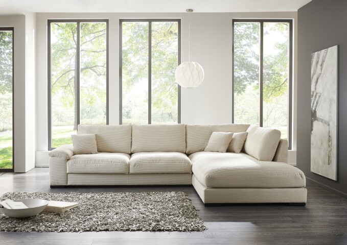 Wohnlandschaft >Adriena< 7 Kissen, Daune, weicher Bezug Cord creme - 333x90x223cm (BxHxT)