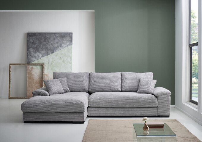 Wohnlandschaft >Adriena< 6 Kissen, Daune, weicher Bezug Cord silbergrau - 281x90x177cm (BxHxT)