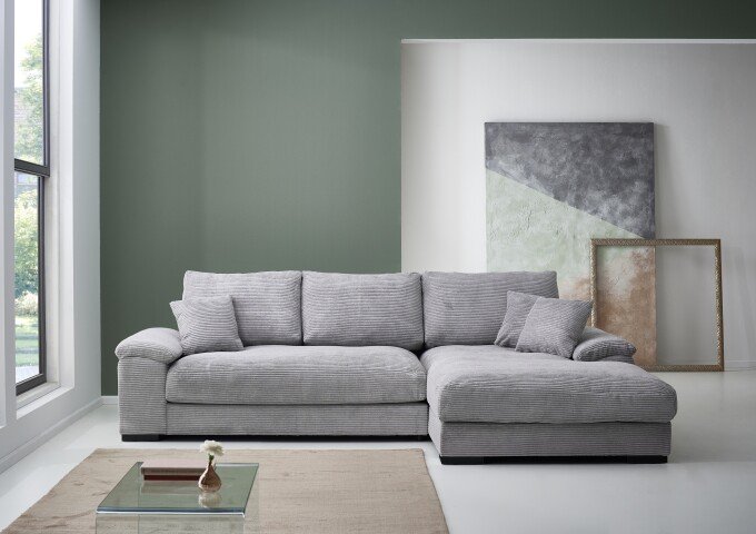 Wohnlandschaft >Adriena< 6 Kissen, Daune, weicher Bezug Cord silbergrau - 281x90x177cm (BxHxT)