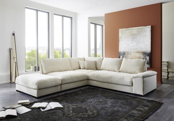 Wohnlandschaft >Adriena< 7 Kissen, Daune, weicher Bezug Cord creme - 275x90x223cm (BxHxT)