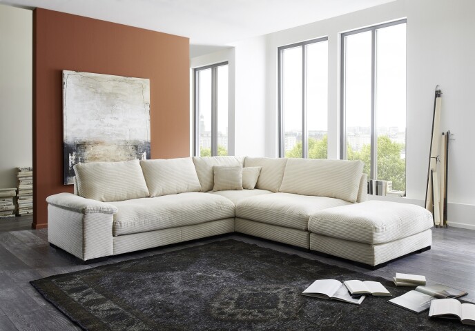 Wohnlandschaft >Adriena< 7 Kissen, Daune, weicher Bezug Cord creme - 275x90x223cm (BxHxT)