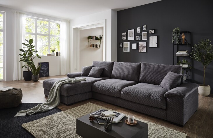 Wohnlandschaft >Adriena< 6 Kissen, Daune, weicher Bezug Cord dunkelgrau - 321x90x177cm (BxHxT)