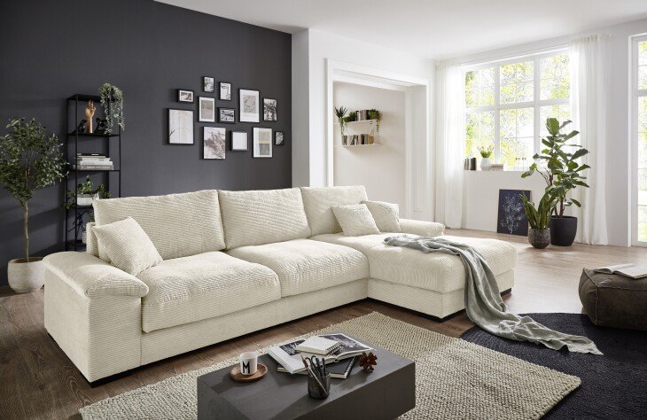 Wohnlandschaft >Adriena< 6 Kissen, Daune, weicher Bezug Cord creme - 321x90x177cm (BxHxT)