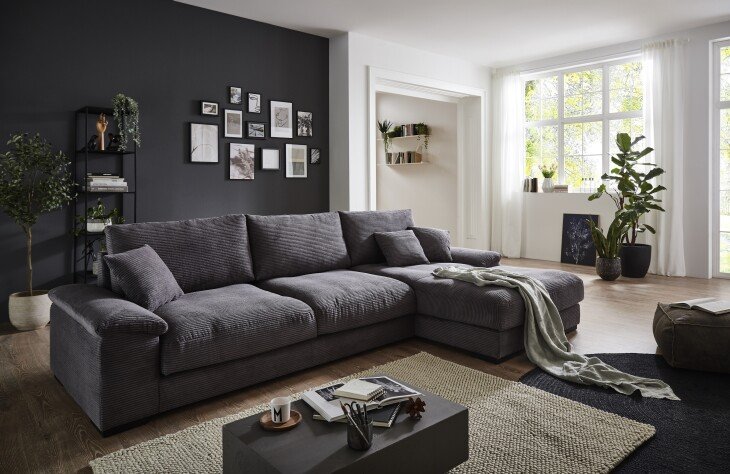 Wohnlandschaft >Adriena< 6 Kissen, Daune, weicher Bezug Cord dunkelgrau - 321x90x177cm (BxHxT)